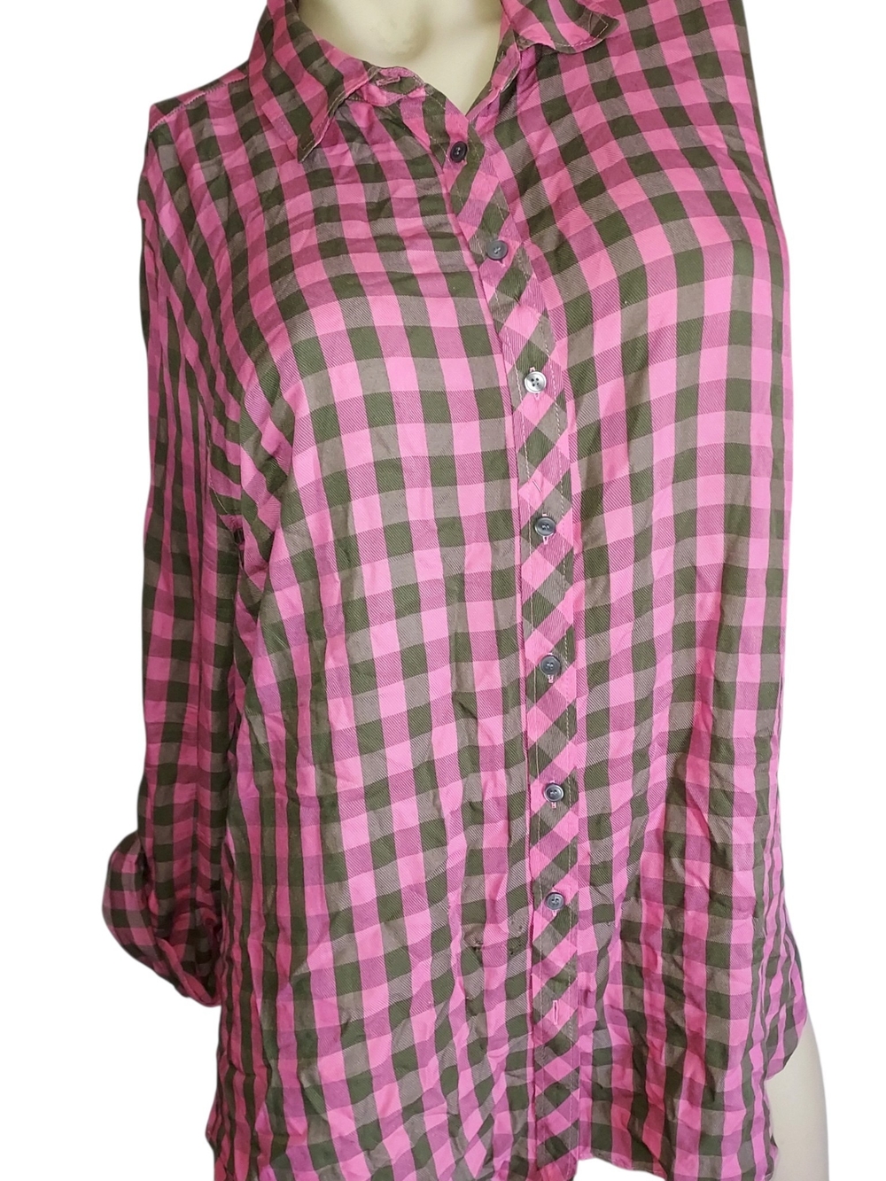 Talbots pink & green plaid Checkered long sleeve button-down Rayon blouse XL
